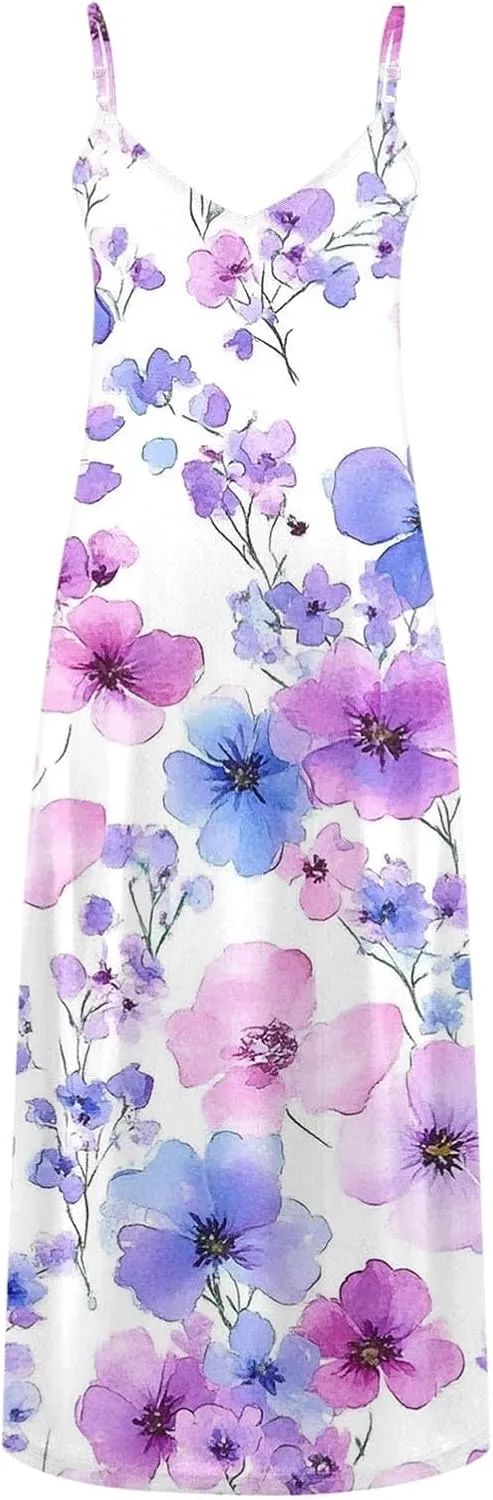 Floral Dress Beach Dress Boho Spaghetti Strap V Neck Flowy Maxi Long Sundress Summer Dresses for Women 2025 Sleeveless