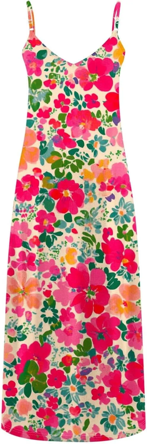 Floral Dress Beach Dress Boho Spaghetti Strap V Neck Flowy Maxi Long Sundress Summer Dresses for Women 2025 Sleeveless