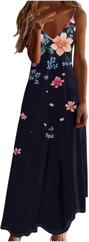 Floral Dress Beach Dress Boho Spaghetti Strap V Neck Flowy Maxi Long Sundress Summer Dresses for Women 2025 Sleeveless