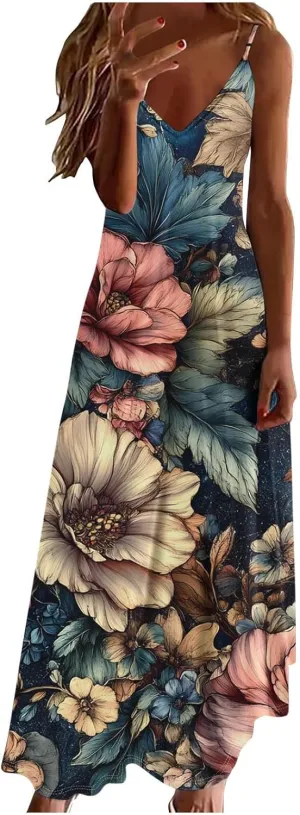 Floral Dress Beach Dress Boho Spaghetti Strap V Neck Flowy Maxi Long Sundress Summer Dresses for Women 2025 Sleeveless