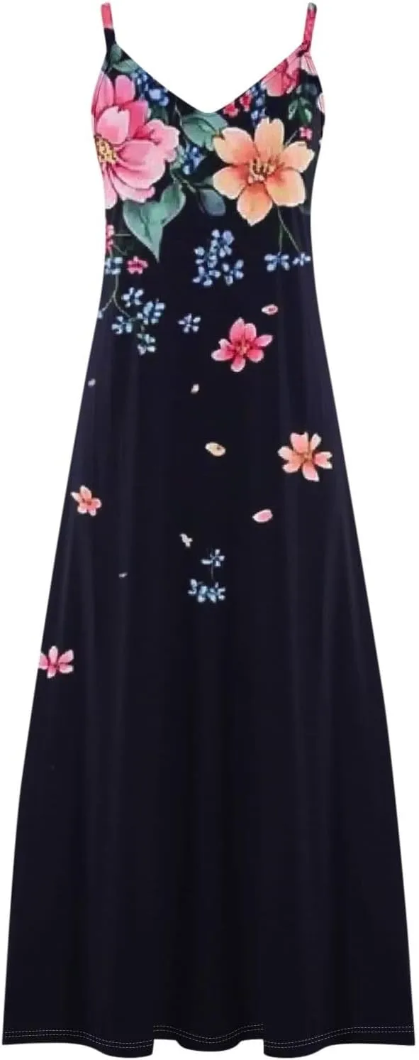Floral Dress Beach Dress Boho Spaghetti Strap V Neck Flowy Maxi Long Sundress Summer Dresses for Women 2025 Sleeveless
