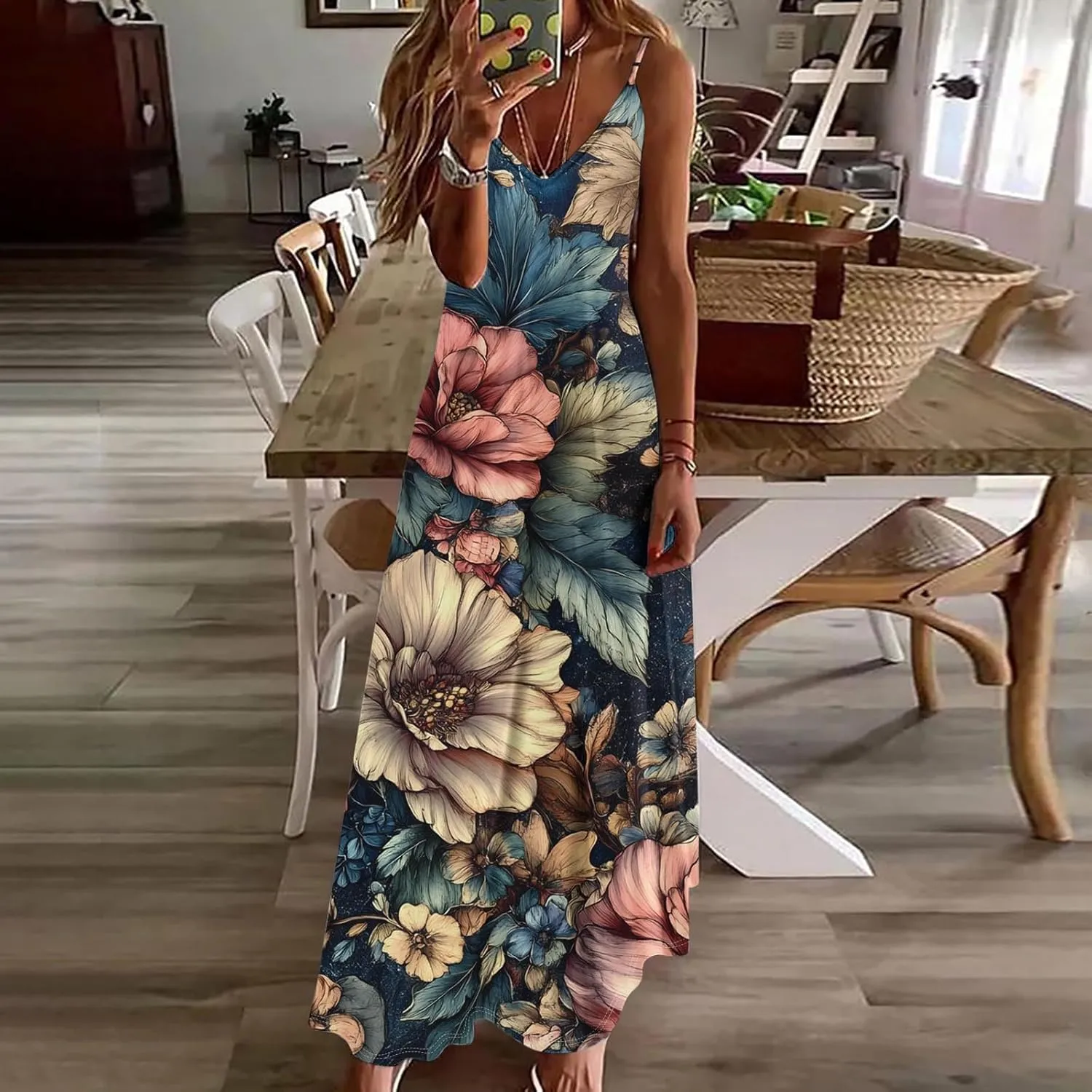 Floral Dress Beach Dress Boho Spaghetti Strap V Neck Flowy Maxi Long Sundress Summer Dresses for Women 2025 Sleeveless