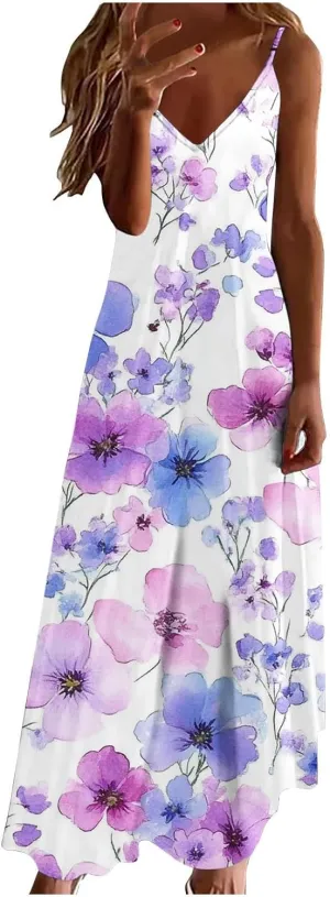 Floral Dress Beach Dress Boho Spaghetti Strap V Neck Flowy Maxi Long Sundress Summer Dresses for Women 2025 Sleeveless