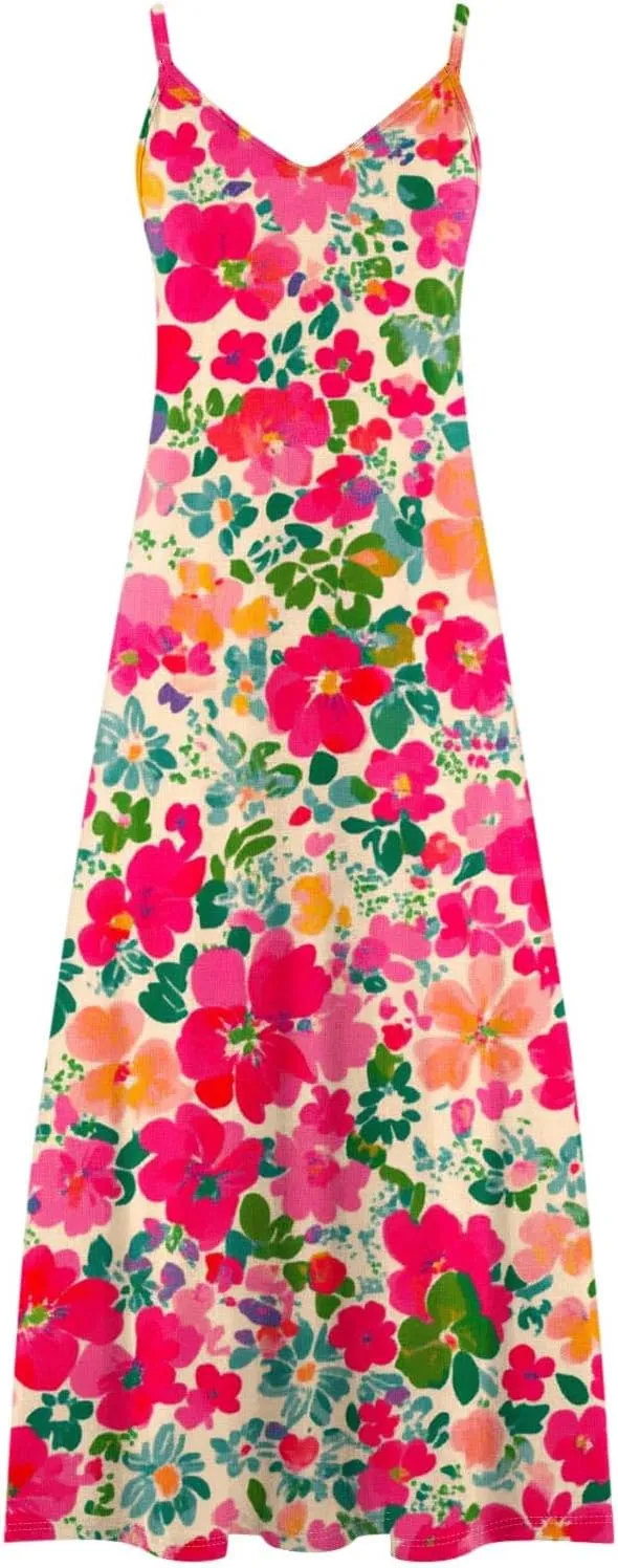 Floral Dress Beach Dress Boho Spaghetti Strap V Neck Flowy Maxi Long Sundress Summer Dresses for Women 2025 Sleeveless