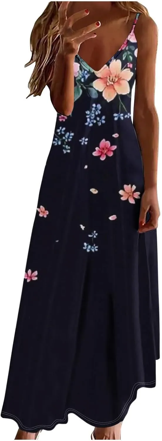 Floral Dress Beach Dress Boho Spaghetti Strap V Neck Flowy Maxi Long Sundress Summer Dresses for Women 2025 Sleeveless