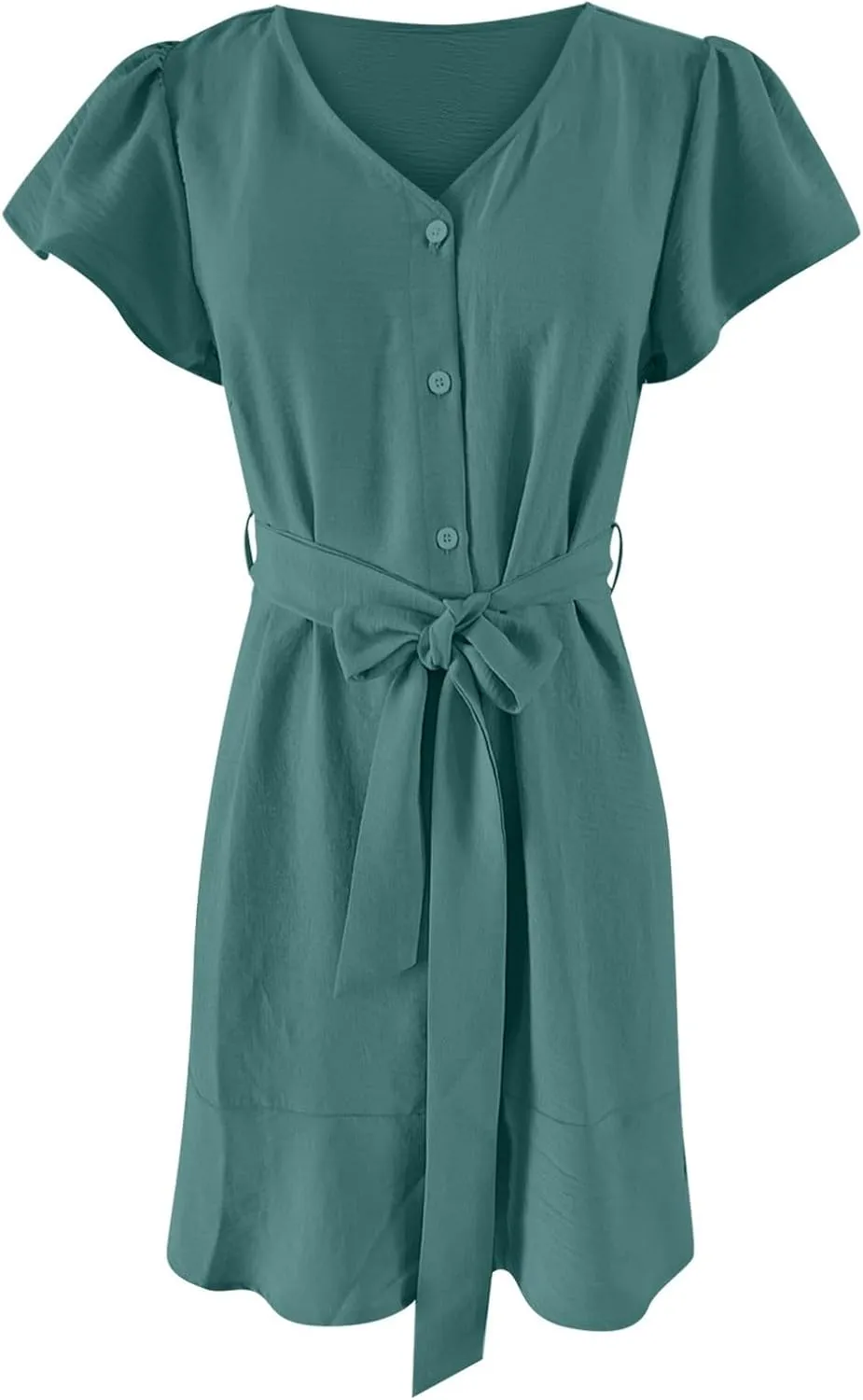 Flowy Dresses for Women,V Neck Button Down Dress Short Sleeve Mini Sundresses Loose Chiffon Shirt Dresses with Belt
