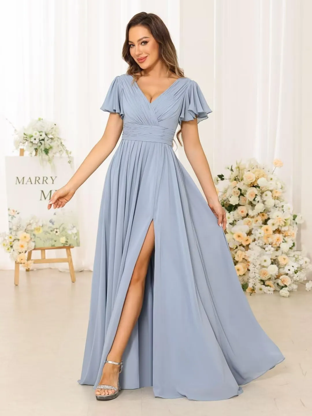 Flutter Sleeve Chiffon A Line Bridesmaid Dresses with Slit for Women Maxi Formal Dresses with Pockets RA030