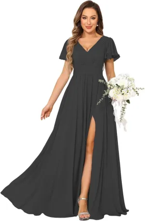 Flutter Sleeve Chiffon A Line Bridesmaid Dresses with Slit for Women Maxi Formal Dresses with Pockets RA030