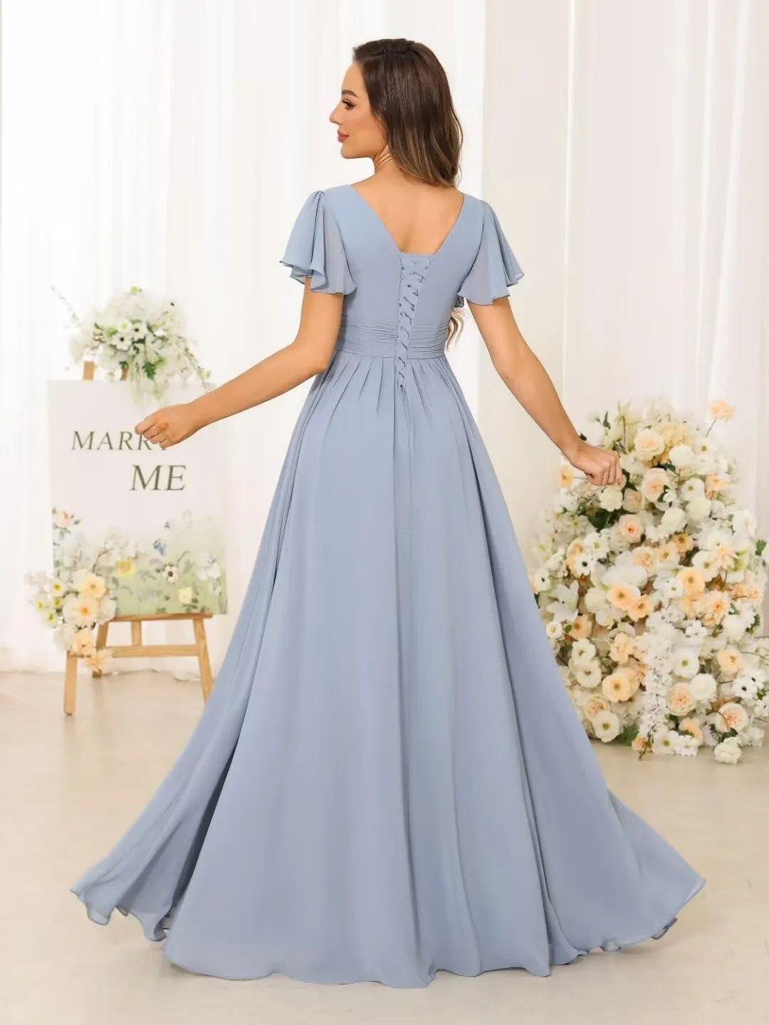Flutter Sleeve Chiffon A Line Bridesmaid Dresses with Slit for Women Maxi Formal Dresses with Pockets RA030