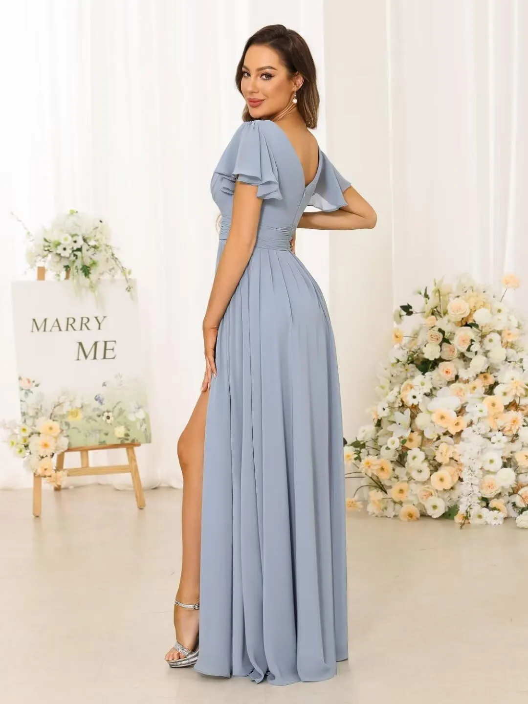 Flutter Sleeve Chiffon A Line Bridesmaid Dresses with Slit for Women Maxi Formal Dresses with Pockets RA030