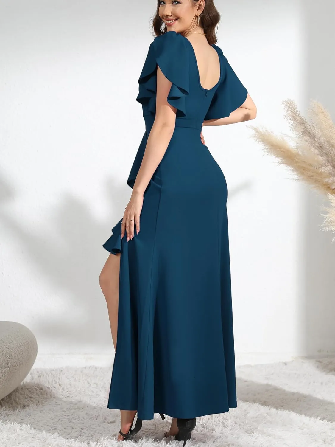 Formal Gowns and Evening Dresses Wedding Guest Dresses for Women Prom Dress Long V-Neck Ruffle Short Sleeve