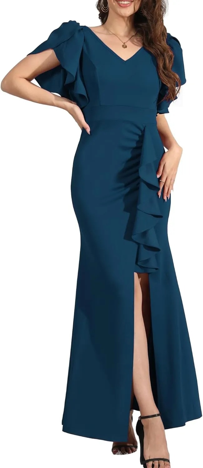 Formal Gowns and Evening Dresses Wedding Guest Dresses for Women Prom Dress Long V-Neck Ruffle Short Sleeve