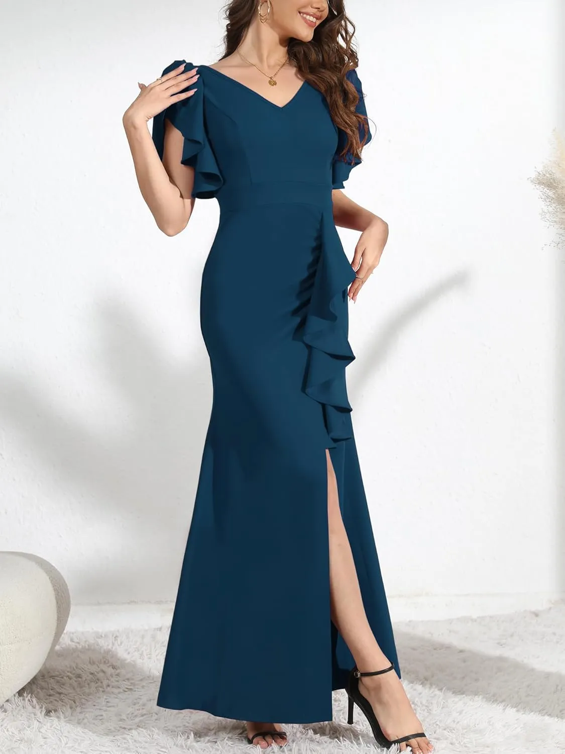 Formal Gowns and Evening Dresses Wedding Guest Dresses for Women Prom Dress Long V-Neck Ruffle Short Sleeve
