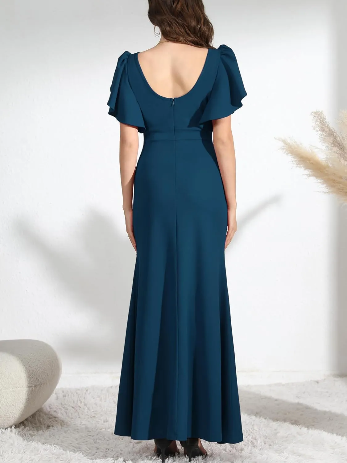 Formal Gowns and Evening Dresses Wedding Guest Dresses for Women Prom Dress Long V-Neck Ruffle Short Sleeve