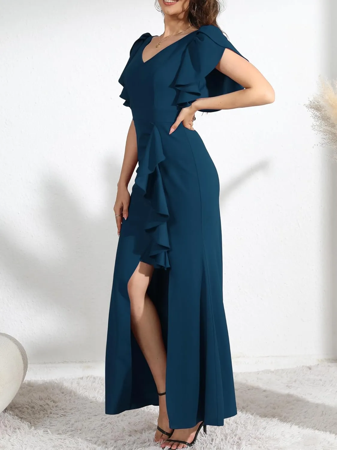 Formal Gowns and Evening Dresses Wedding Guest Dresses for Women Prom Dress Long V-Neck Ruffle Short Sleeve