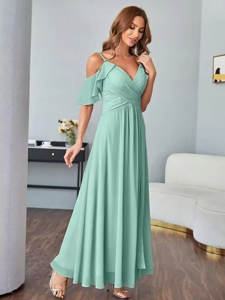 GATMAHE Women's V Neck Bridesmaid Dresses Long Off The Shoulder Ruffle Chiffon Formal Evening Gown with Slit