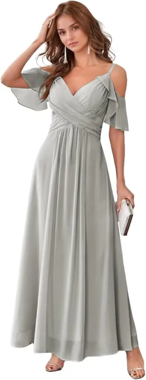 GATMAHE Women's V Neck Bridesmaid Dresses Long Off The Shoulder Ruffle Chiffon Formal Evening Gown with Slit