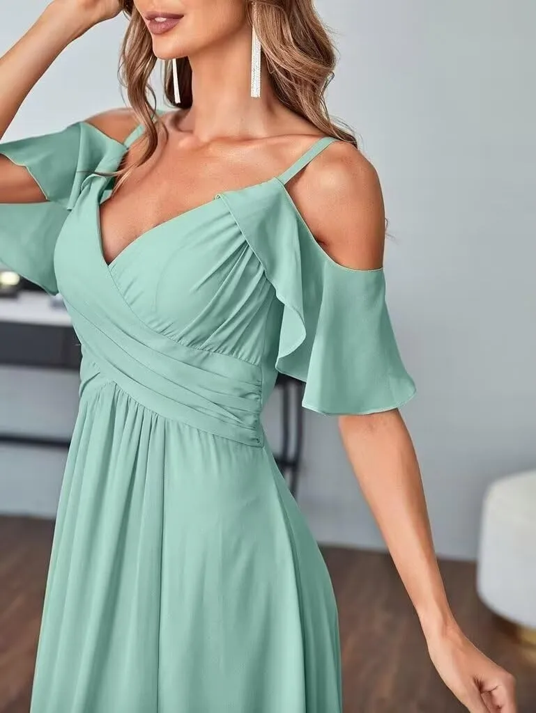 GATMAHE Women's V Neck Bridesmaid Dresses Long Off The Shoulder Ruffle Chiffon Formal Evening Gown with Slit