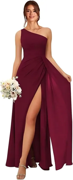 GDJDIFK One Shoulder Bridesmaid Dresses for Women Pleated Chiffon Formal Dress A-Line Wedding Guest Gown with Slit