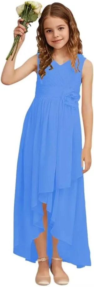 Girls V Neck Junior Bridesmaid Dress for Wedding Chiffon Sleeveless Flower Girl Dresses with Flower for Teens