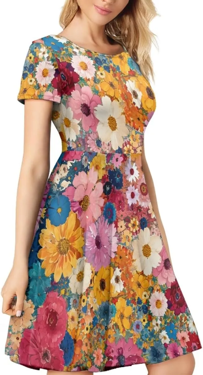 GLUDEAR Women's Summer Casual Van Gogh 3D Print Short Sleeve T-Shirt Swing Dress