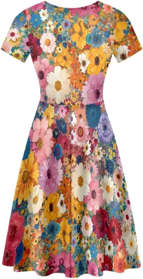 GLUDEAR Women's Summer Casual Van Gogh 3D Print Short Sleeve T-Shirt Swing Dress