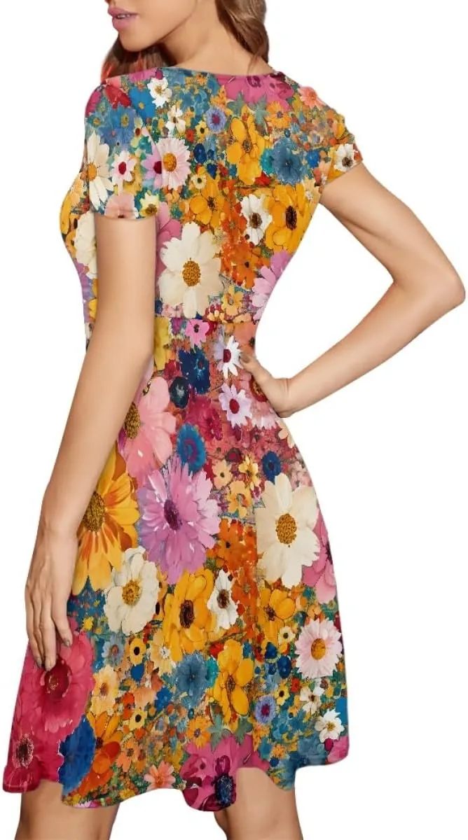 GLUDEAR Women's Summer Casual Van Gogh 3D Print Short Sleeve T-Shirt Swing Dress