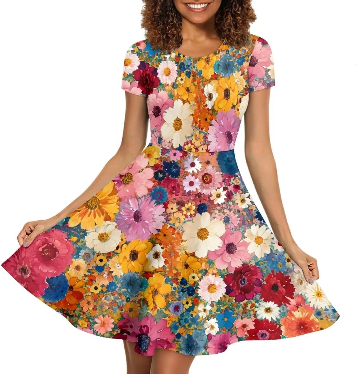 GLUDEAR Women's Summer Casual Van Gogh 3D Print Short Sleeve T-Shirt Swing Dress