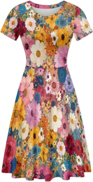 GLUDEAR Women's Summer Casual Van Gogh 3D Print Short Sleeve T-Shirt Swing Dress