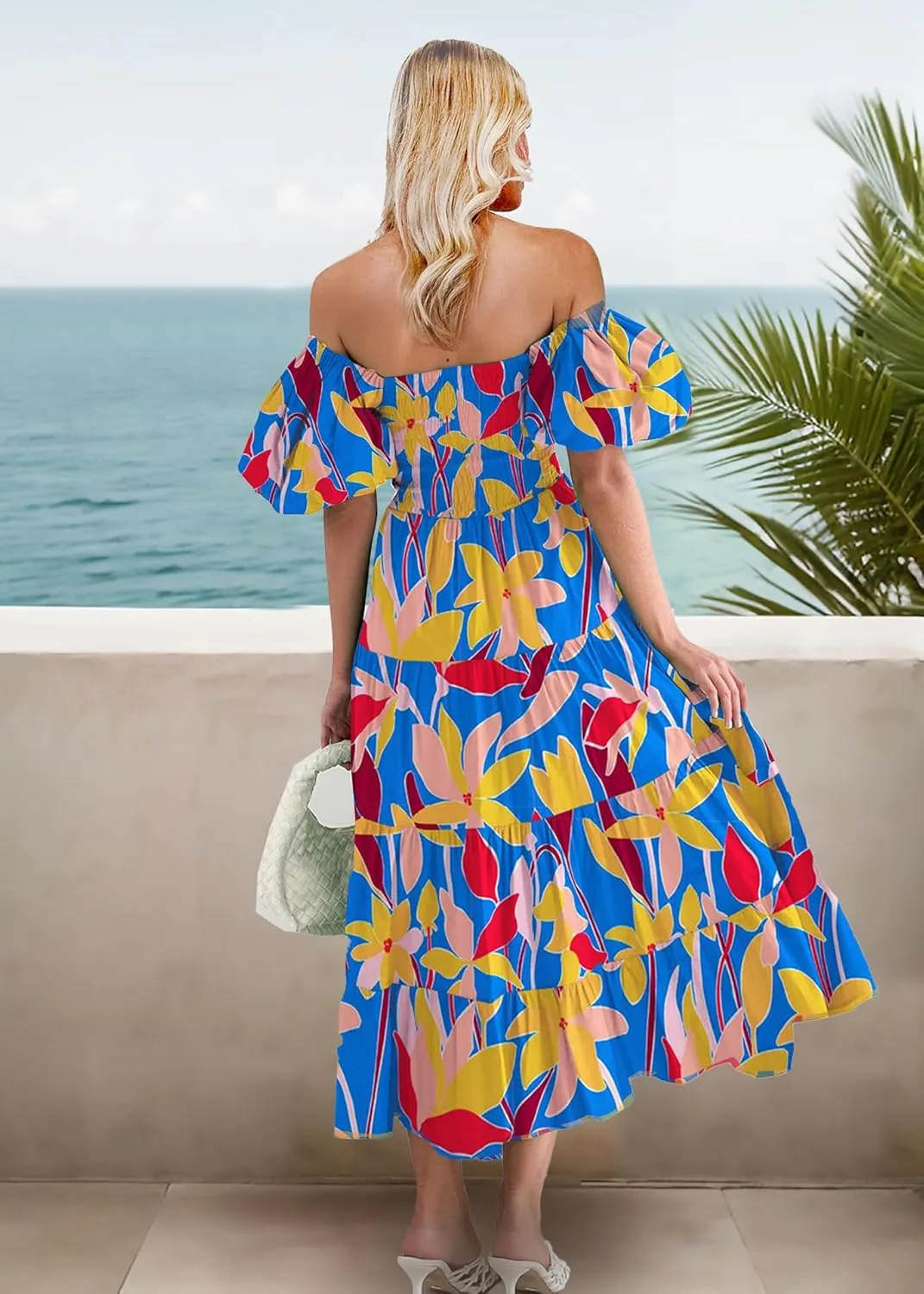 GOLDSTITCH Women's Smocked Maxi Dress Square Neck Ruffle Hem Puffy Short Sleeve Flowy Midi Dress