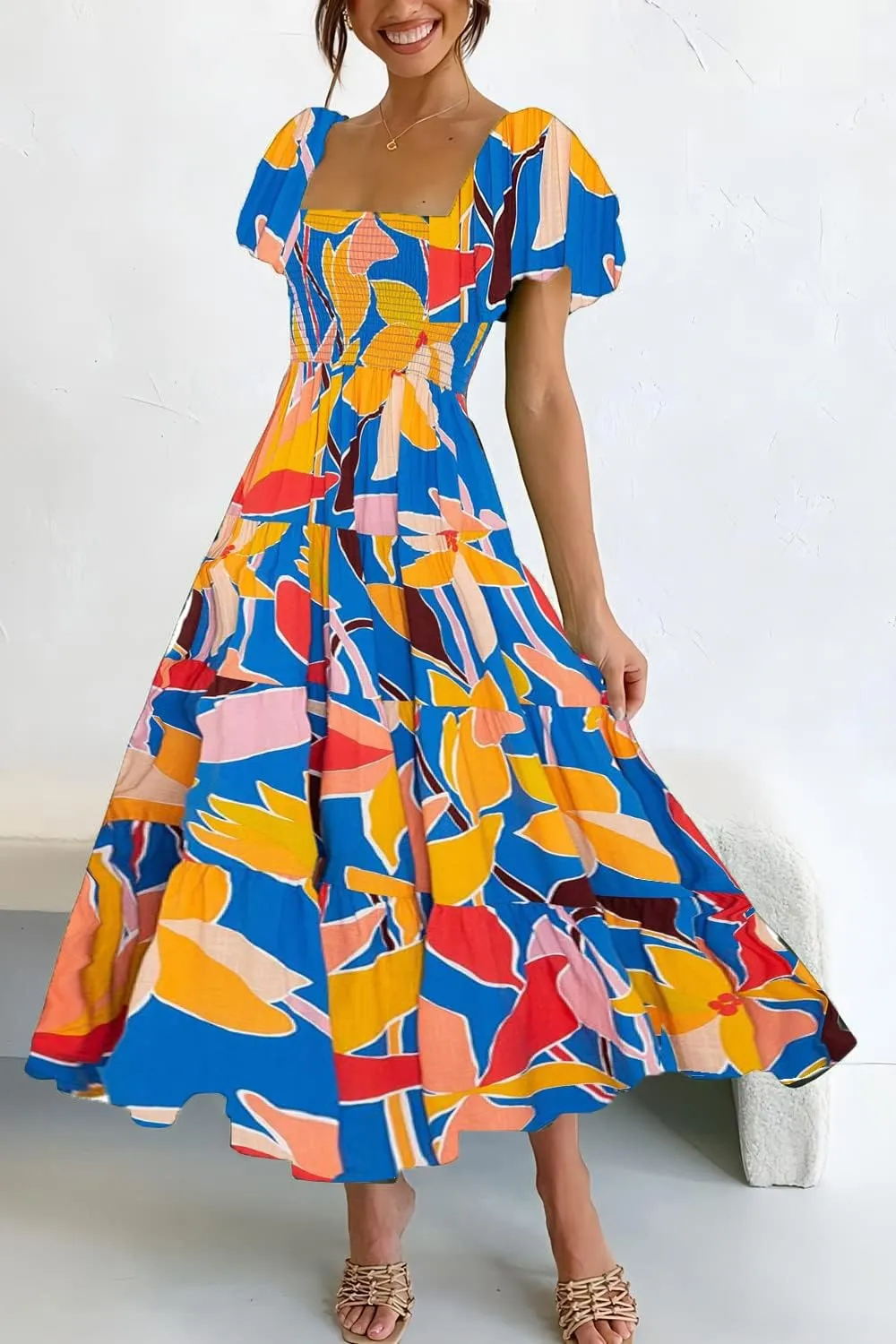 GOLDSTITCH Women's Smocked Maxi Dress Square Neck Ruffle Hem Puffy Short Sleeve Flowy Midi Dress