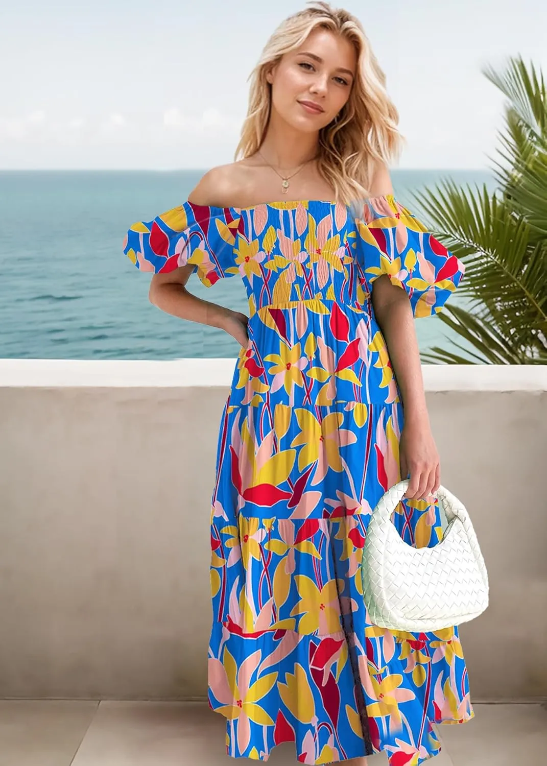 GOLDSTITCH Women's Smocked Maxi Dress Square Neck Ruffle Hem Puffy Short Sleeve Flowy Midi Dress