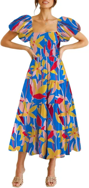 GOLDSTITCH Women's Smocked Maxi Dress Square Neck Ruffle Hem Puffy Short Sleeve Flowy Midi Dress