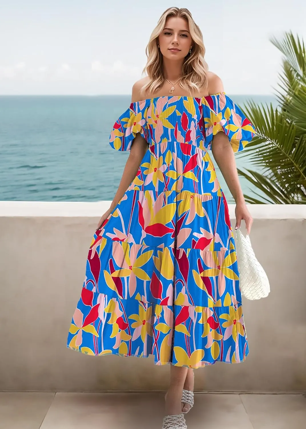GOLDSTITCH Women's Smocked Maxi Dress Square Neck Ruffle Hem Puffy Short Sleeve Flowy Midi Dress