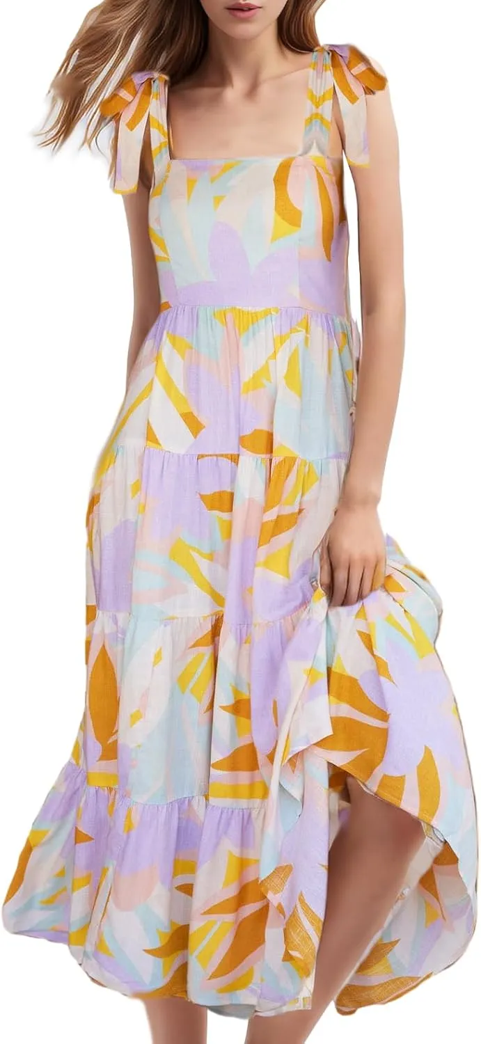 Gothden Summer Boho Midi Dress for Women's Square Neck Ruffle Tiered Flowy Smocked Sundress