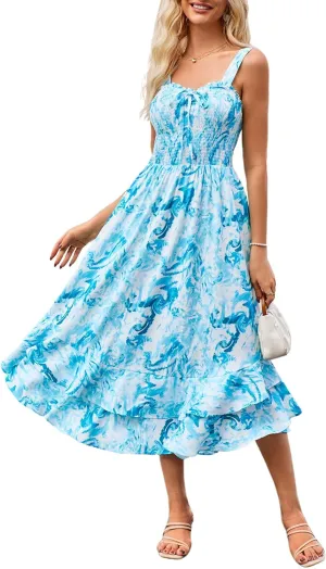GRACE KARIN Women's 2025 Summer Floral Boho Dress Square Neck Strapped Swing A Line Sundress Beach Long Maxi Outfits