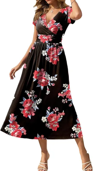 Gracyoga Women's Summer Dresses 2025 Short Sleeve Maxi Dress Casual V Neck Flowy Sundress with Pockets