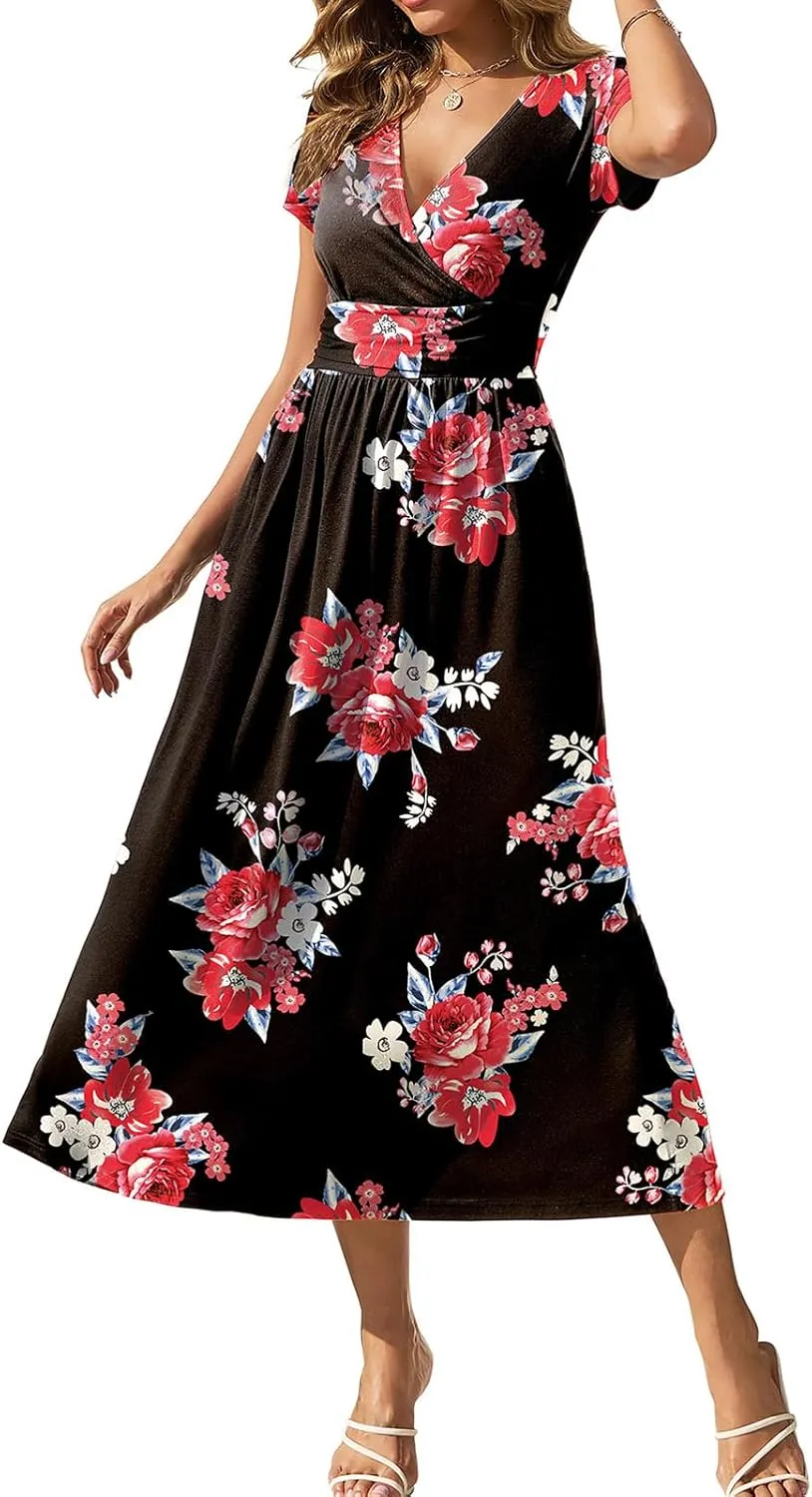 Gracyoga Women's Summer Dresses 2025 Short Sleeve Maxi Dress Casual V Neck Flowy Sundress with Pockets