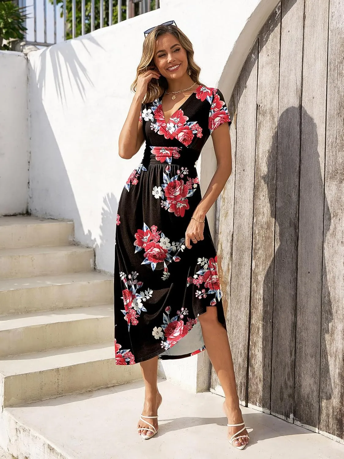 Gracyoga Women's Summer Dresses 2025 Short Sleeve Maxi Dress Casual V Neck Flowy Sundress with Pockets