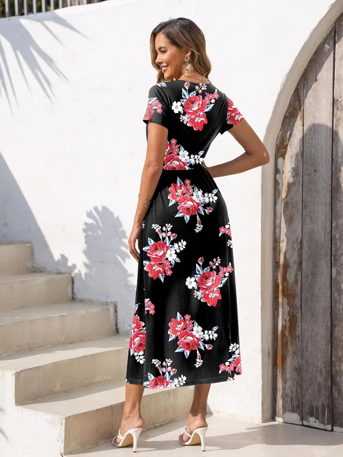 Gracyoga Women's Summer Dresses 2025 Short Sleeve Maxi Dress Casual V Neck Flowy Sundress with Pockets