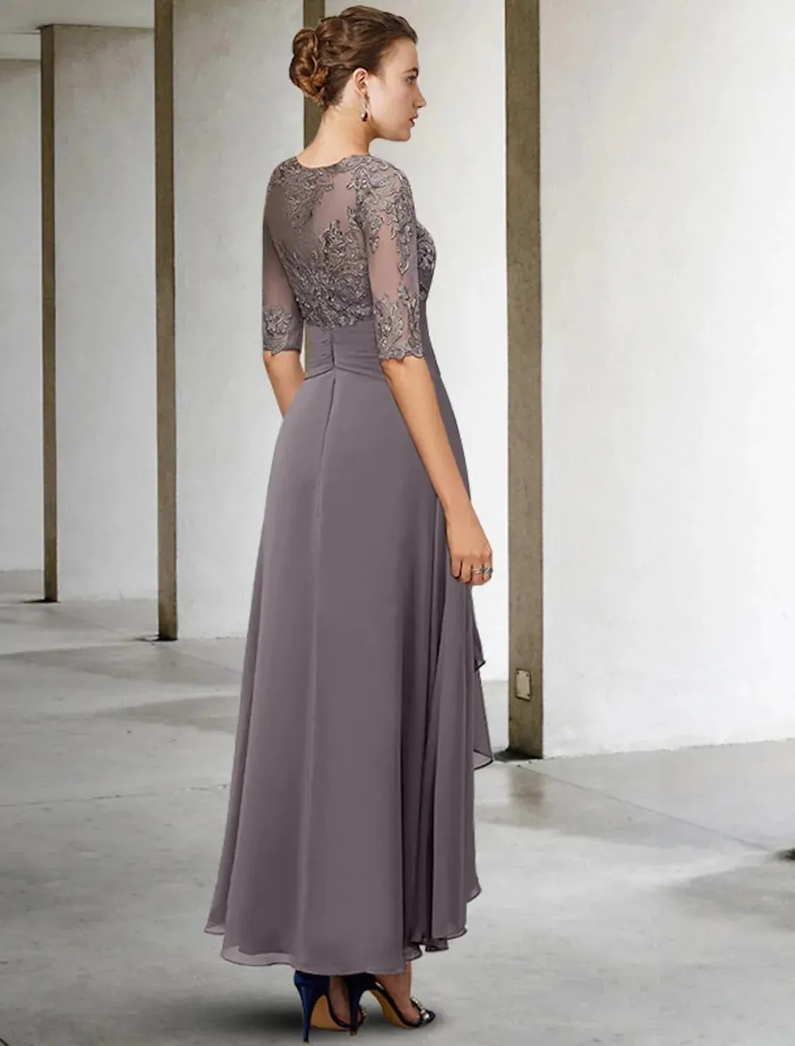 Half Sleeves Mother of The Bride Dresses for Wedding Tea Length Pleated Chiffon Lace Evening Formal Gown