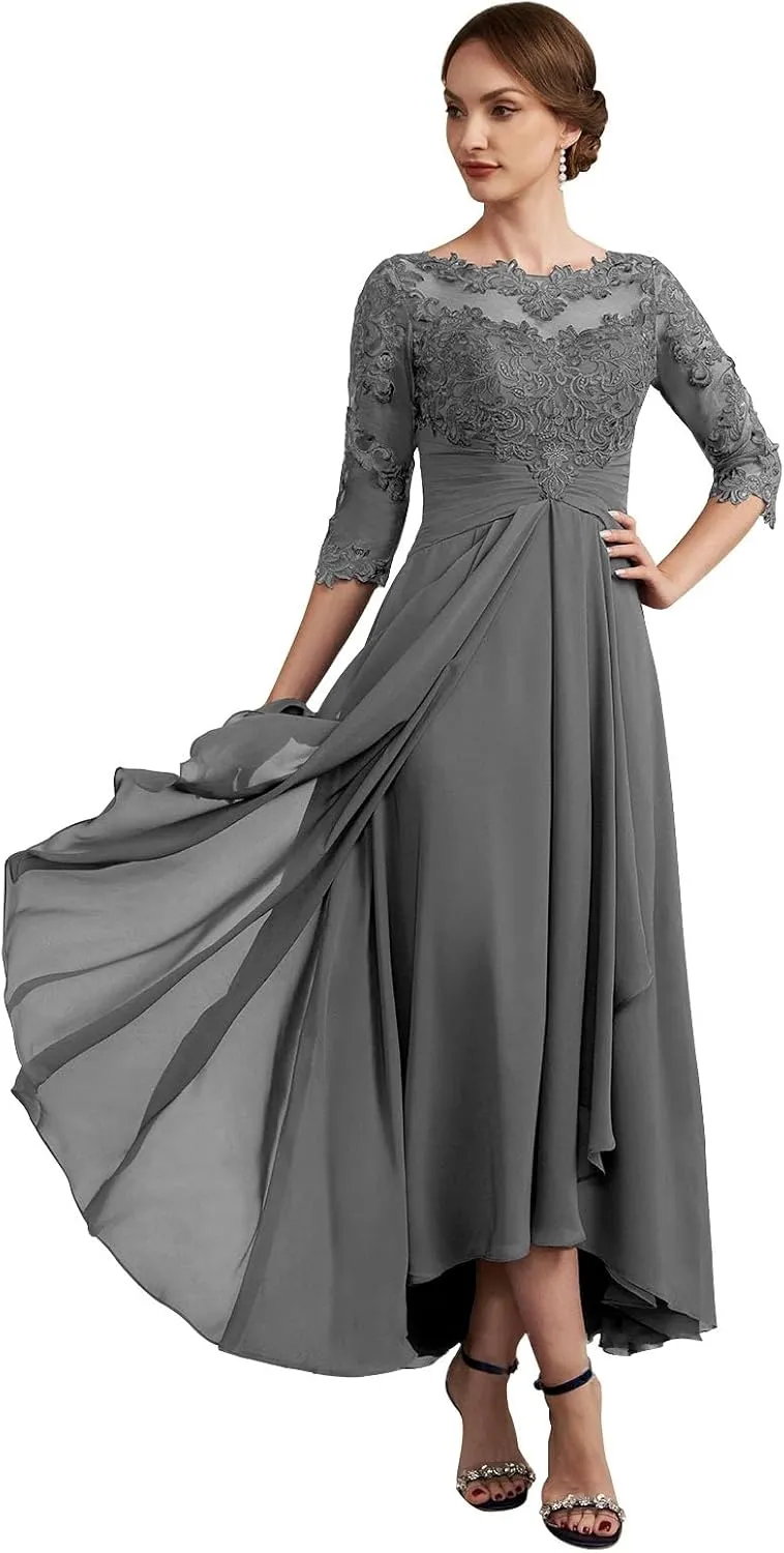 Half Sleeves Mother of The Bride Dresses for Wedding Tea Length Pleated Chiffon Lace Evening Formal Gown