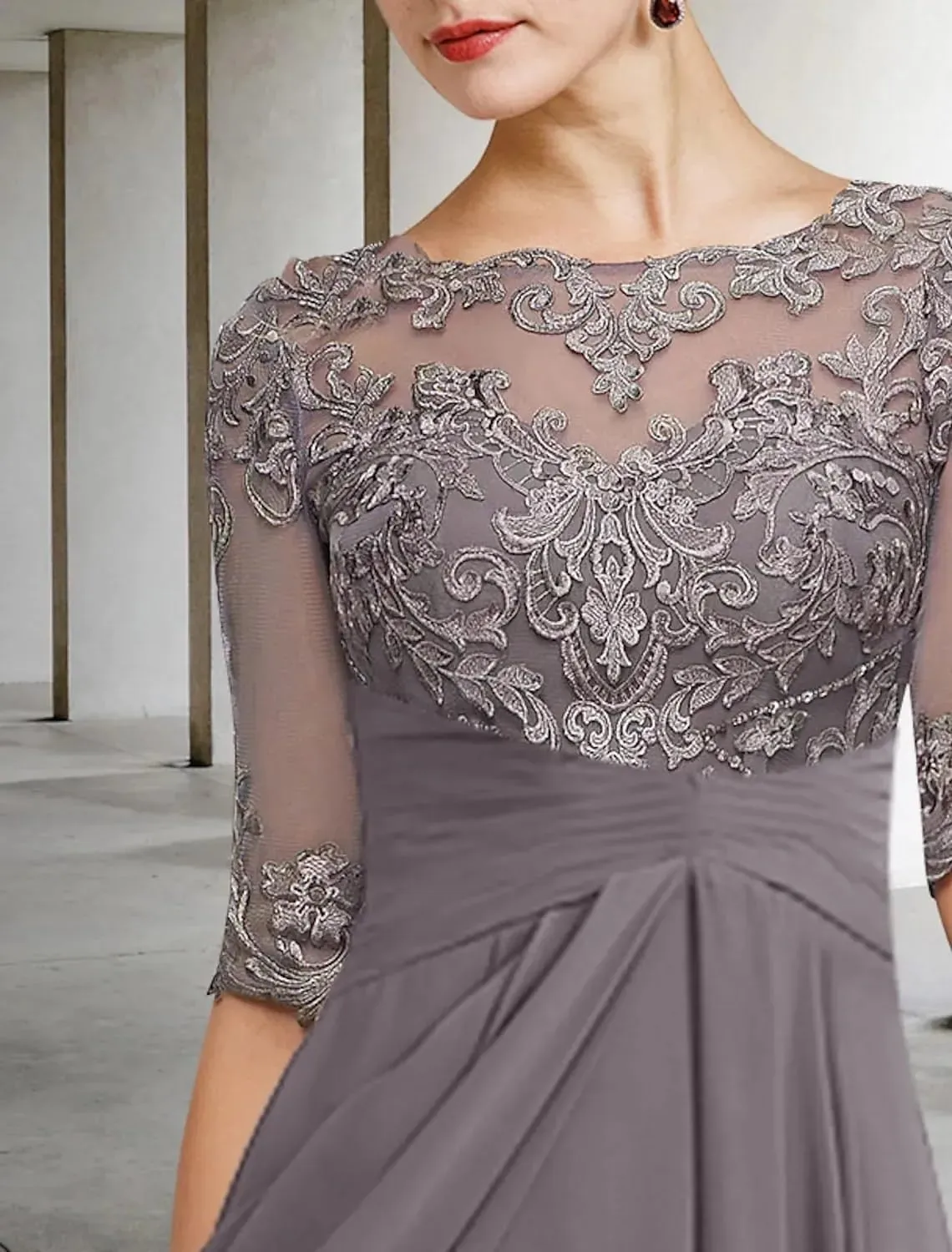 Half Sleeves Mother of The Bride Dresses for Wedding Tea Length Pleated Chiffon Lace Evening Formal Gown