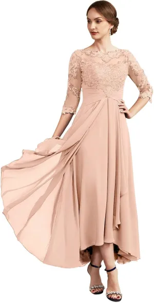 Half Sleeves Mother of The Bride Dresses for Wedding Tea Length Pleated Chiffon Lace Evening Formal Gown