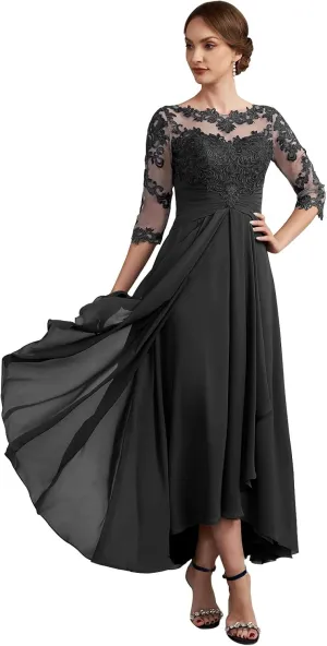 Half Sleeves Mother of The Bride Dresses for Wedding Tea Length Pleated Chiffon Lace Evening Formal Gown