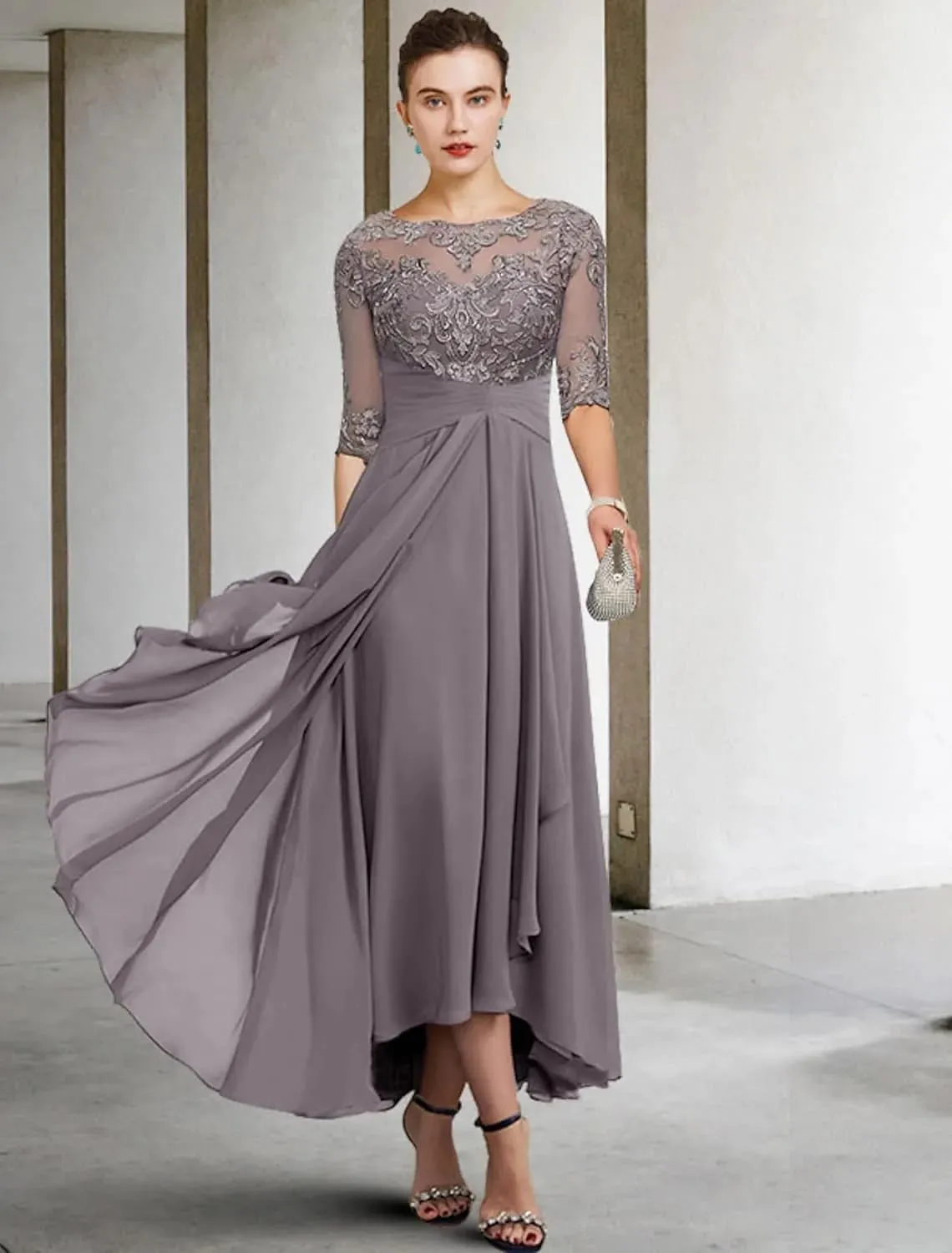 Half Sleeves Mother of The Bride Dresses for Wedding Tea Length Pleated Chiffon Lace Evening Formal Gown