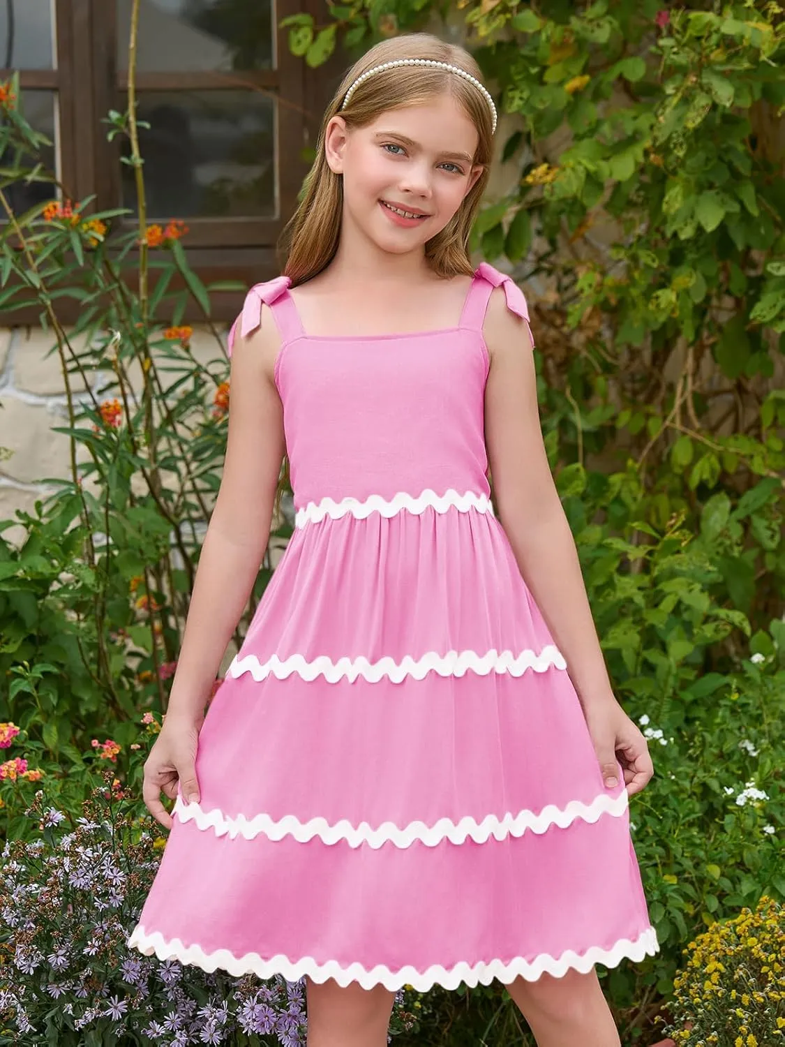 Haloumoning Girl's Sundresses Kids Summer Sleeveless Bowknot Strap RIC Rac Smocked Summer Dresses 5-14 Years