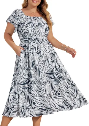 Hanna Nikole Women Dresses Plus Size Summer 2025 Off The Shoulder Boho Floral Casual Flowy Midi Dress with Pockets