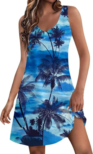 Hawaiian Dresses for Women 2024 Vacation V Neck Sleeveless Casual Dress Palm Print Summer Sundresses with Pockets
