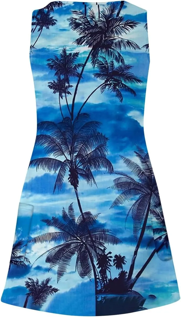 Hawaiian Dresses for Women 2024 Vacation V Neck Sleeveless Casual Dress Palm Print Summer Sundresses with Pockets